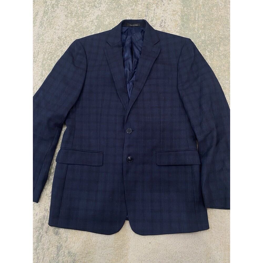 Calvin Klein Men’s 40R Sport Coat Wool Navy Blue Plaid Extreme Slim Fit Blazer
